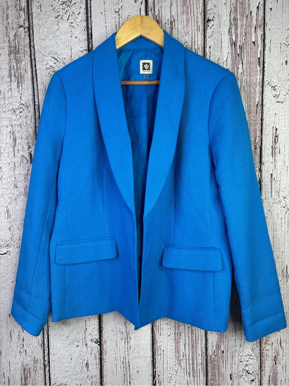 Anne Klein Vibrant Blue Open Front Blazer Jacket Size Large Shawl Collar Lined